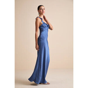 Lulus Angela Blue Satin Ruffed Slip Maxi Dress - Size M